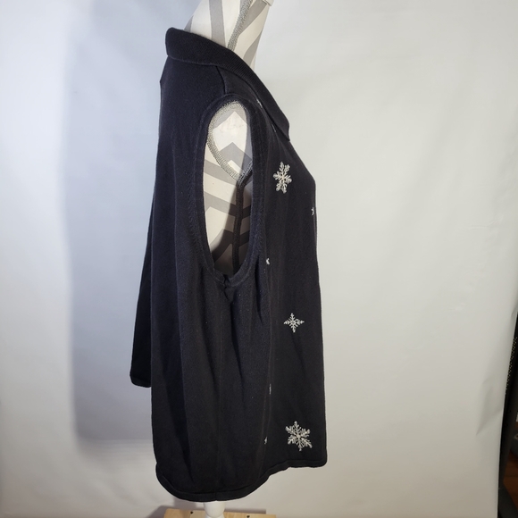 Allison Daley Black Sweater Vest Embroidered Snowflakes Zip Front Size 3X Winter - Picture 4 of 9